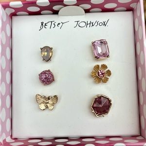 Betsey Johnson small butterfly, flower and purple jewel mismatched post earrings